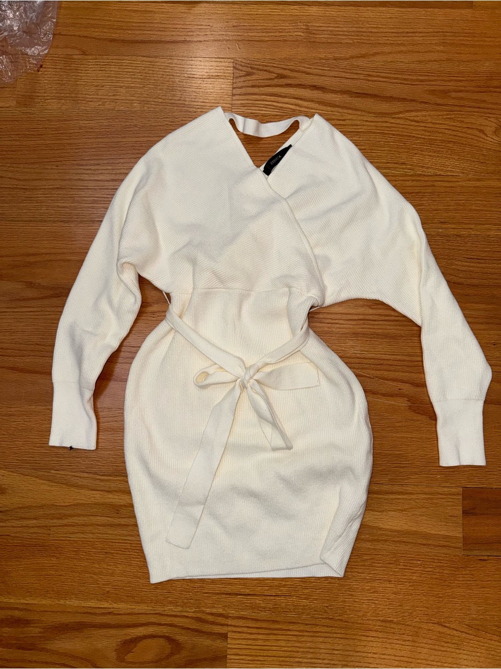 Cream Wrap Knit Belted Womens Dress